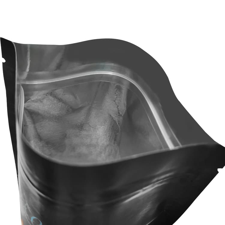 Opened kraft stand-up coffee pouch showing the resealable zipper and inner lining