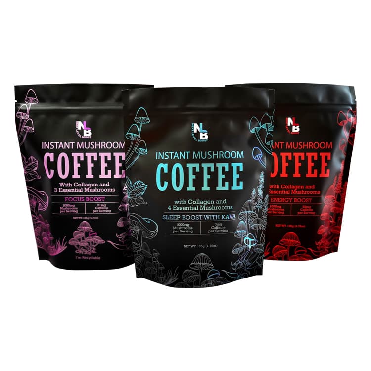 Three black stand-up coffee pouches with pink, blue and red mushroom graphics