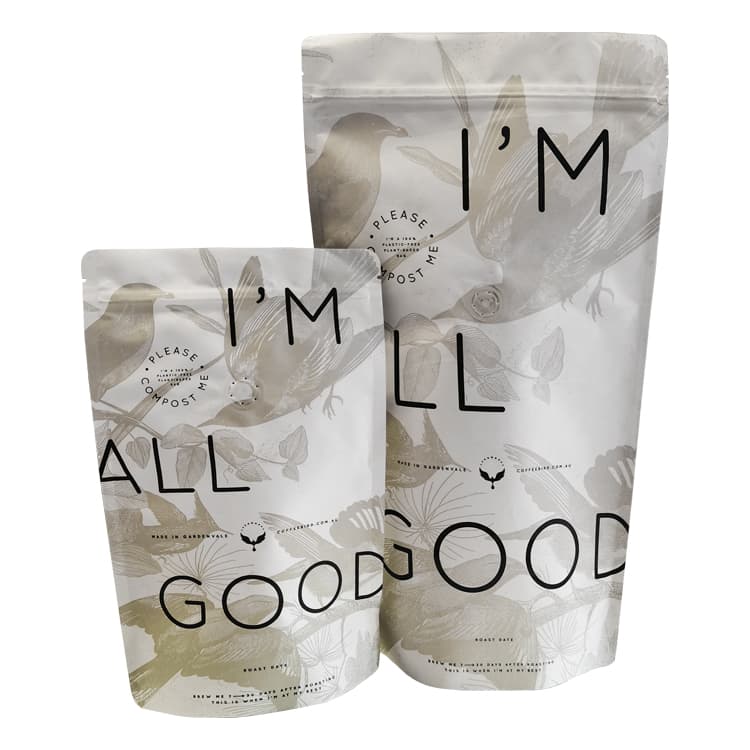 Compostable White Kraft Stand-Up Coffee Pouch with PLA Lining – custom coffee packaging