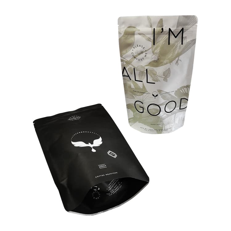 Stand-up coffee pouch shown upright and on its side with the opened bottom gusset visible