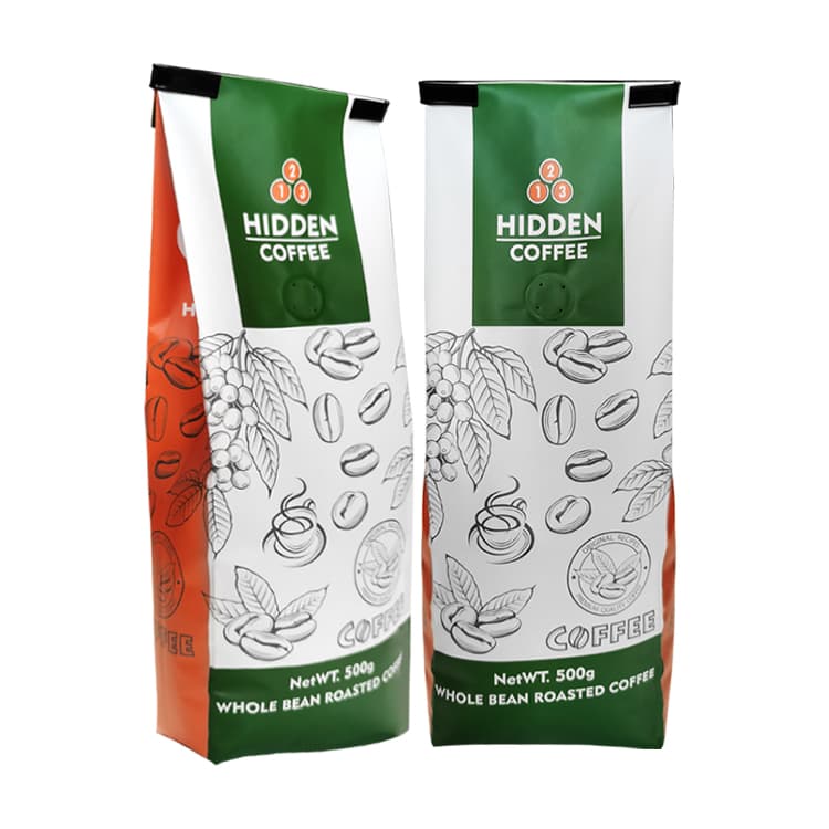 Two green, white and orange HIDDEN COFFEE side gusset bags