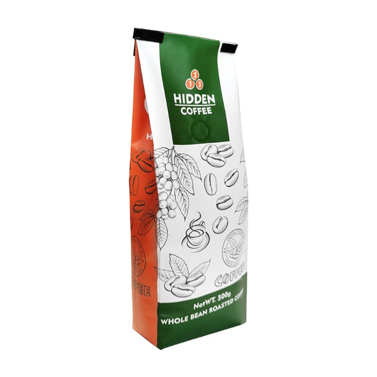 Angled side gusset coffee bag showing the expanded orange side panel and tall bag shape