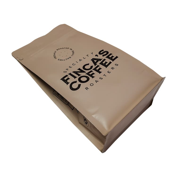 Kraft flat bottom coffee bag lying on its side with the folded base and bottom depth visible