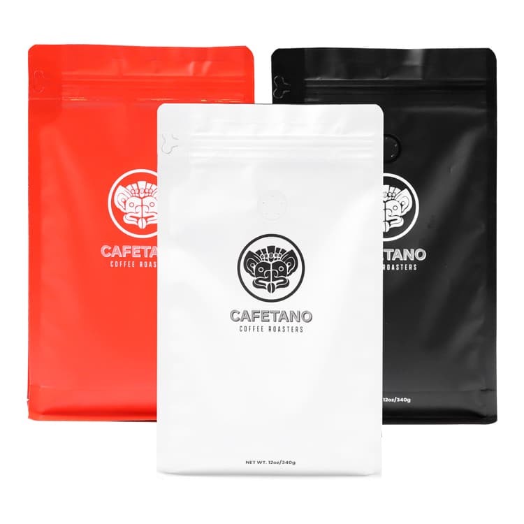 Red, white and black CAFETANO flat bottom coffee bags