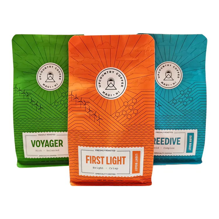 Orange, green and blue custom printed flat bottom coffee bags