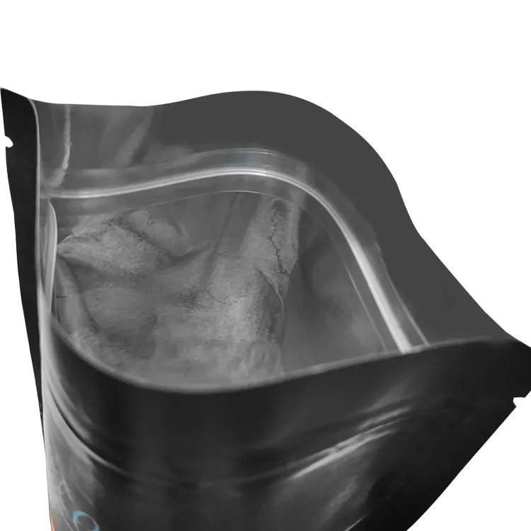 Opened kraft stand-up coffee pouch showing the resealable zipper and inner lining
