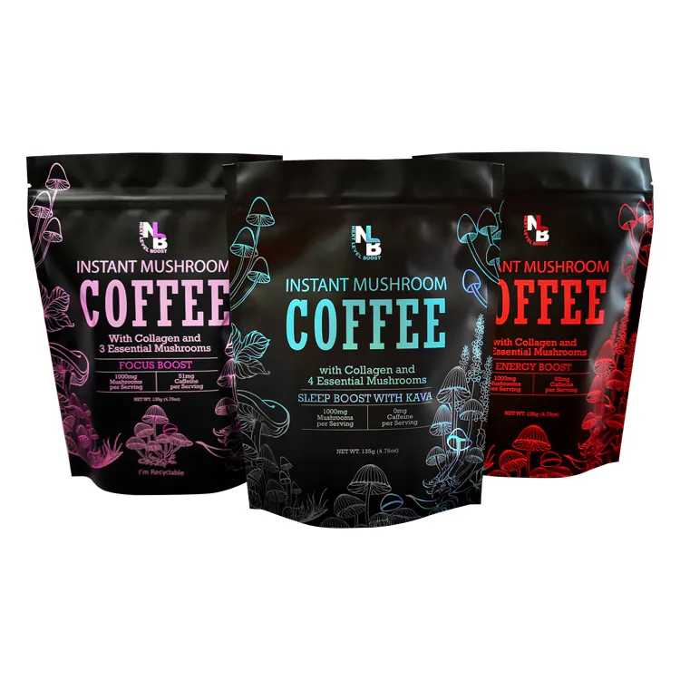 Three black stand-up coffee pouches with pink, blue and red mushroom graphics
