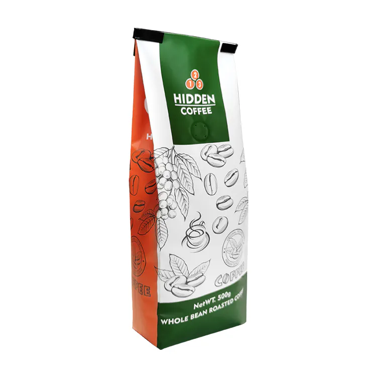 Angled side gusset coffee bag showing the expanded orange side panel and tall bag shape